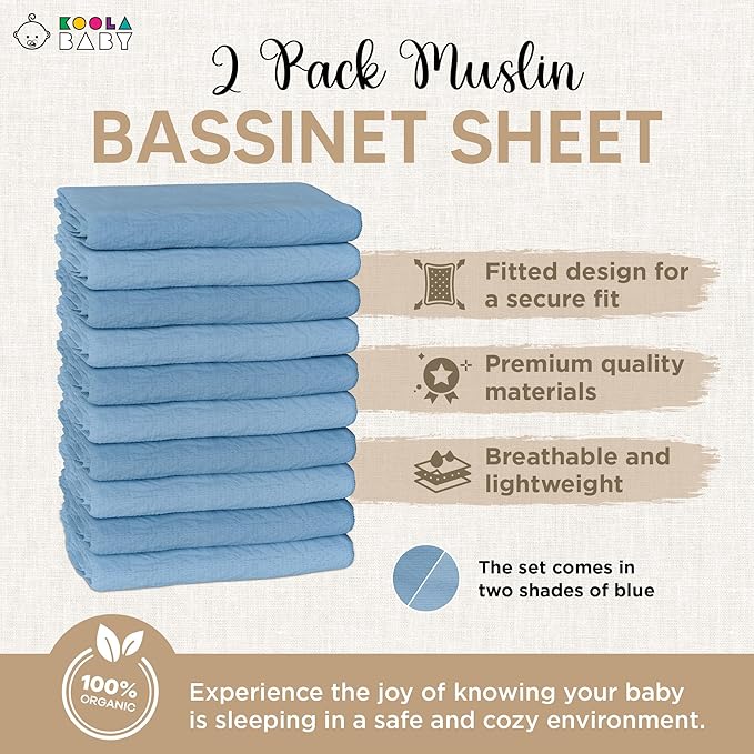 Bassinet Fitted Sheets - Compatible with SNOO Happiest Baby Oval Bassinet | 100% Organic Muslin Cotton - Light Blue + Dark Blue | 30x16 (2 Pack)