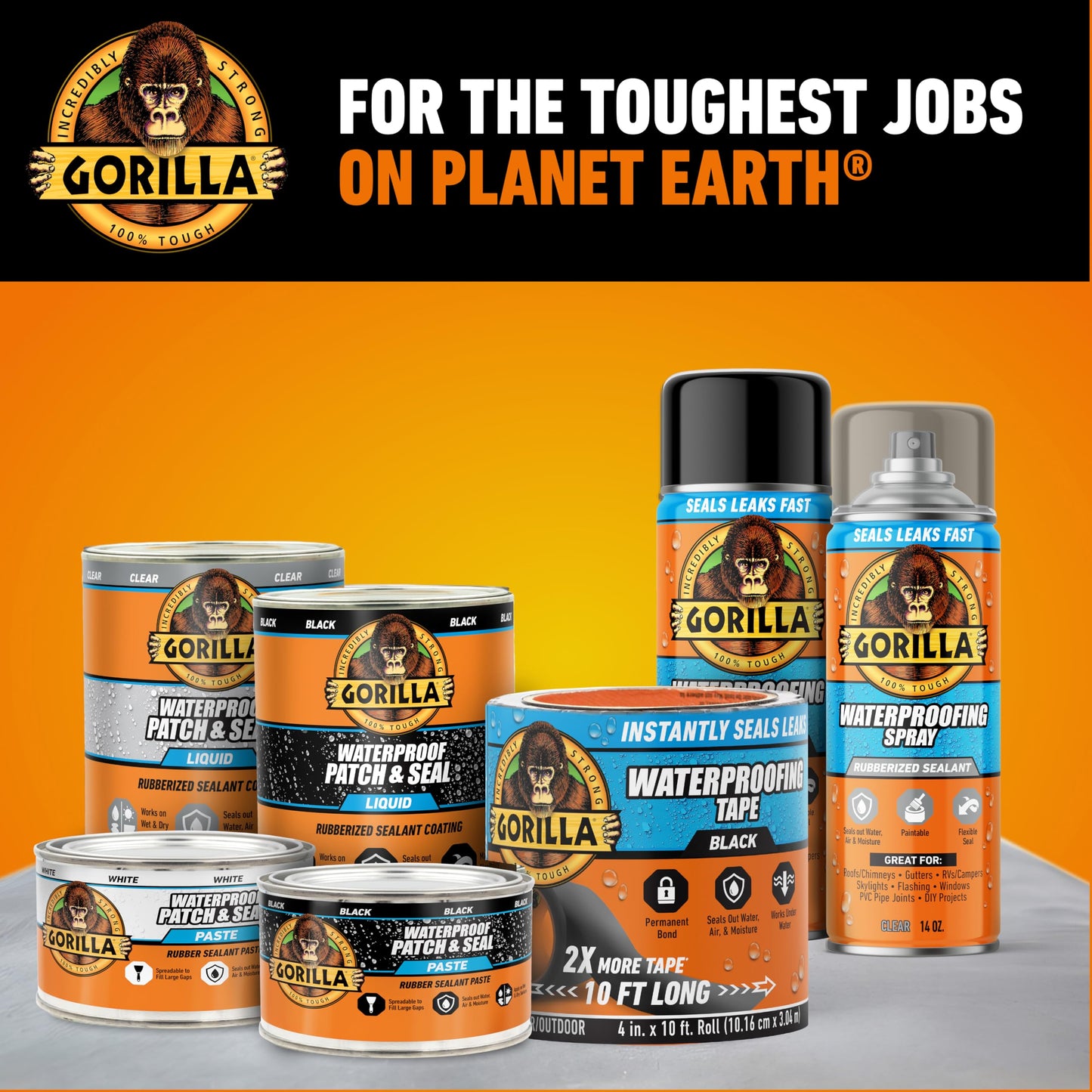 Gorilla Waterproof Patch & Seal Tape, Black Tape, 4" x 10' (Pack of 2) - Permanent Weather Resistant Seal for Leaks and Repairs