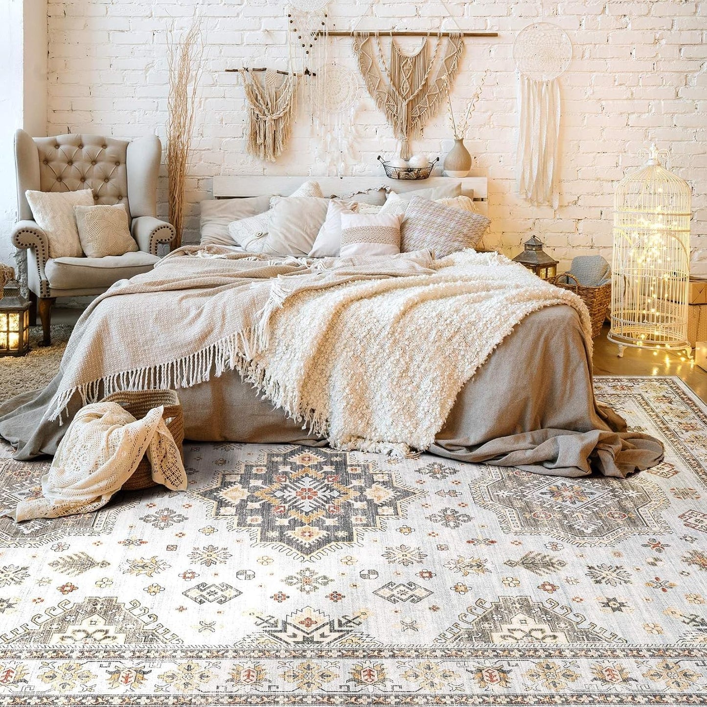 Washable Area Rugs for Living Room -10x13 Neutral Vintage Distressed Floral Farmhouse Boho Large Soft Floor Rug Indoor Non Slip Carpet for Living Room Bedroom Dining Room Office-Blue Brown