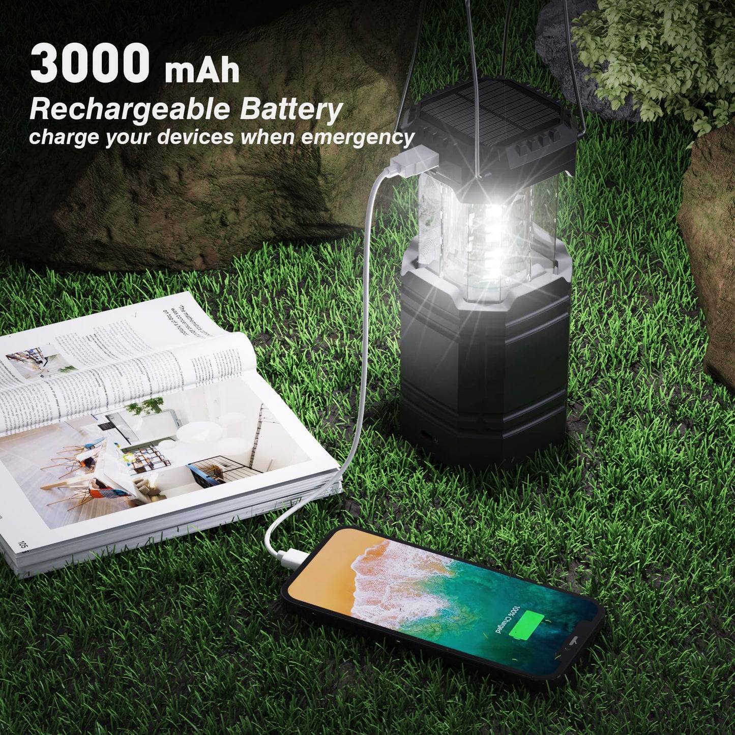 Mesqool 3000 Large Capacity Hand Crank Solar Camping Lantern, Ultra Bright LED, USB Charger, Black, Model CL1000