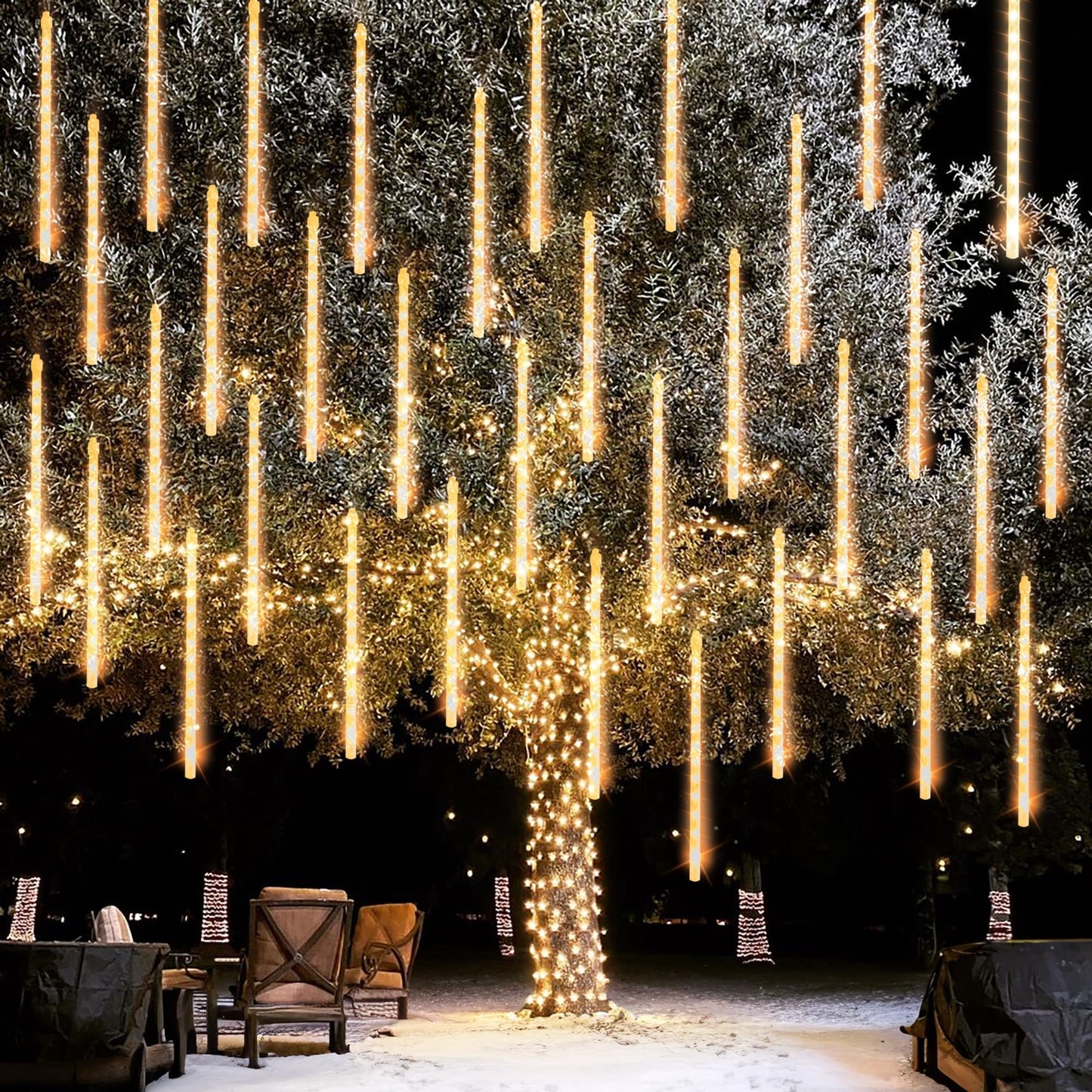 Dazzle Bright 1728 Led Christmas Light  Meteor Shower Rain Lights 11.8 Inch 48 Tubes  Waterproof Plug In Falling Rain Lights Decorations For Xmas Tree Yard Party (Warm White)