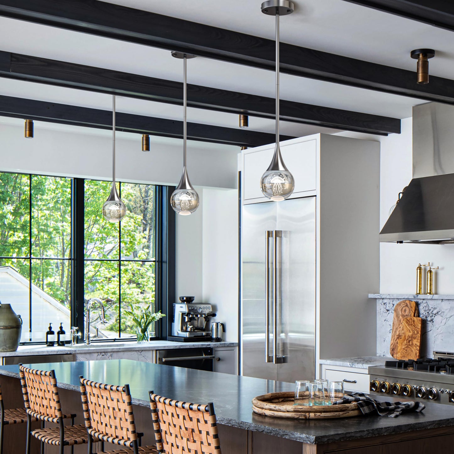2-Pendant Lights Kitchen Island  Chrome Silver Crystal Globe Ceiling Hanging Light Fxitures  Led Lamp Metal Rod Ceiling Jellyfish Pendant Lighting For Kitchen Dining Room Bar