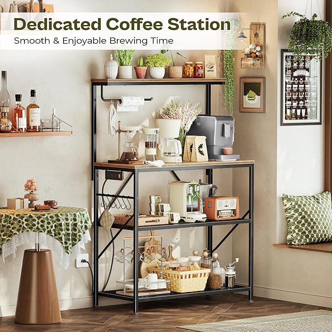 Huuger 4-Tier Bakers Rack with Reversible Power Outlet, 31.5 Inch Microwave Stand, Kitchen Bar, with Top Shelf, 6 S Hooks, Rustic Brown