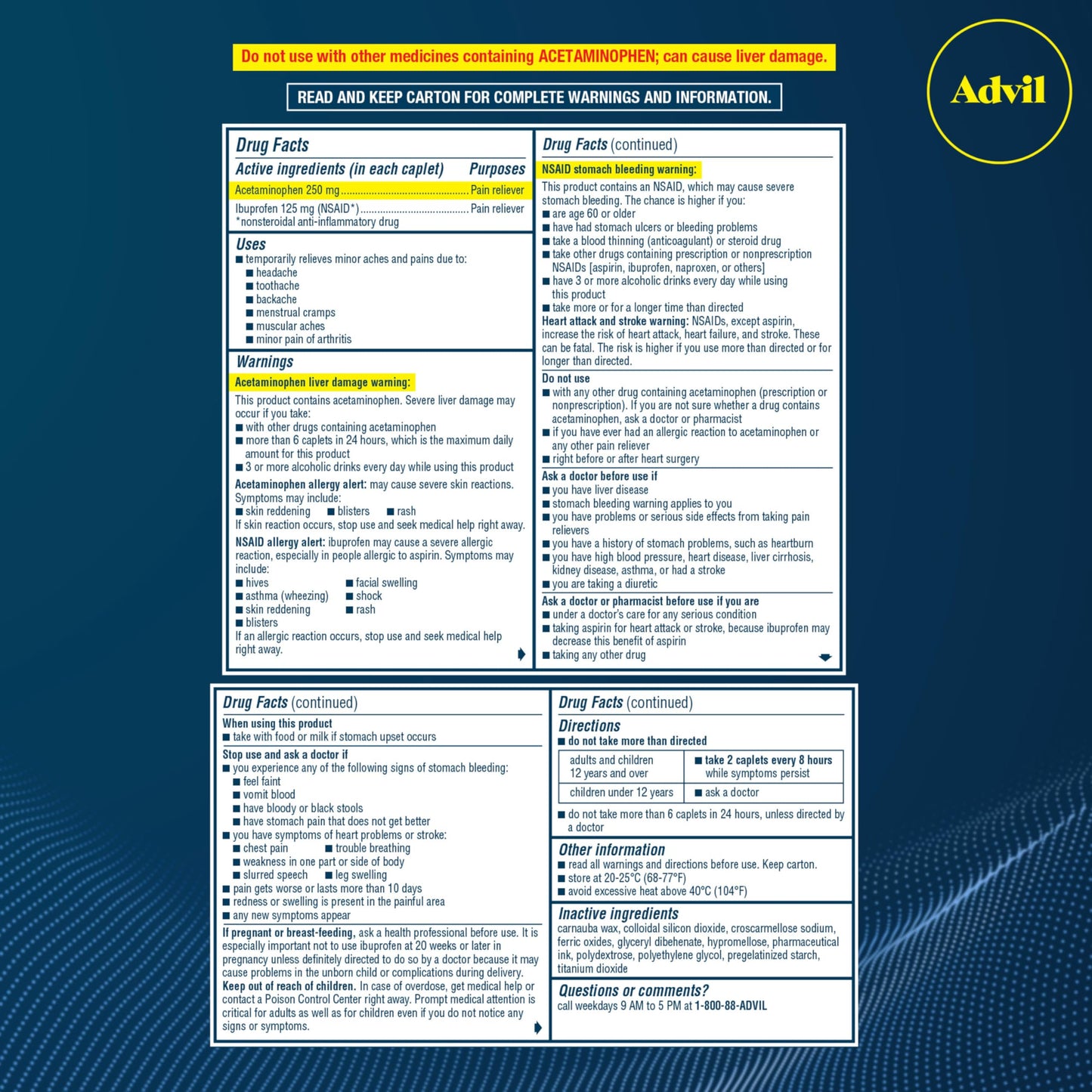 Advil Dual Action Coated Caplets, 125 Mg Ibuprofen and 250 Mg Acetaminophen per Dose (2 Dose Equivalent) for 8 Hour Pain Relief - 216 Count