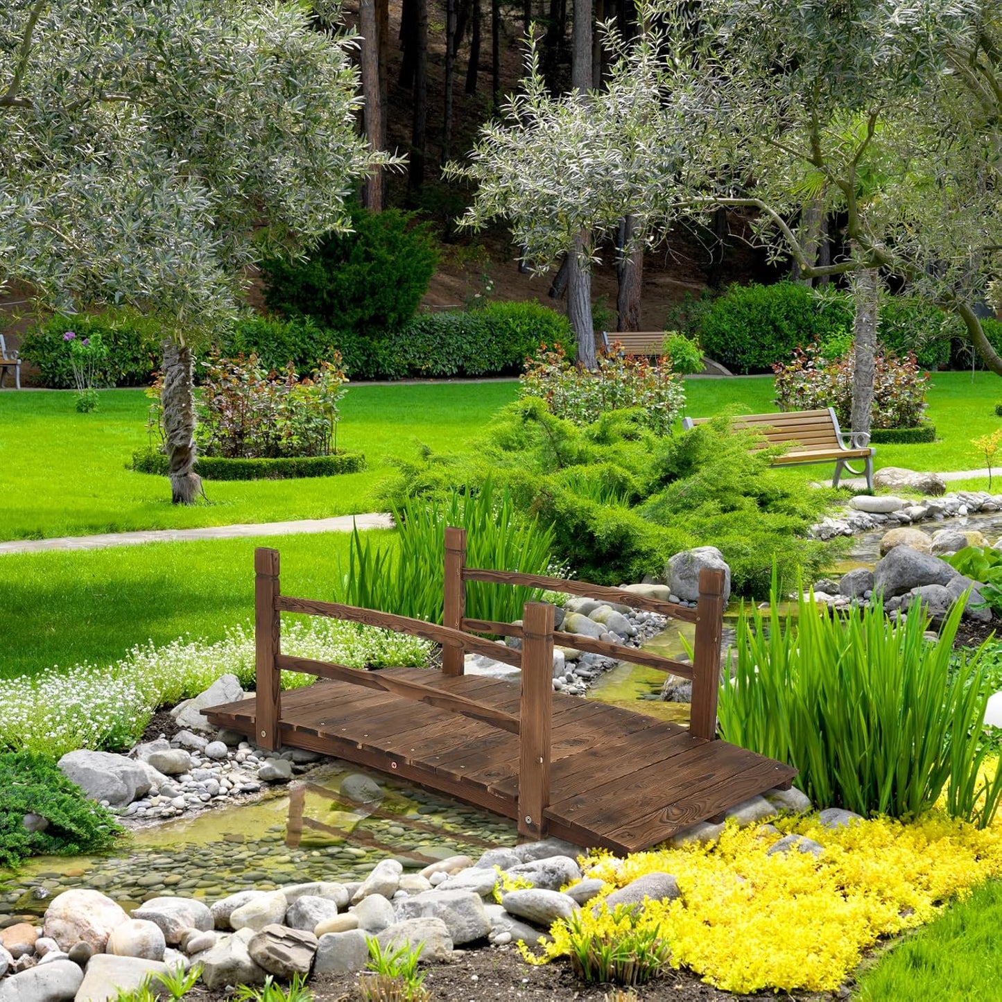 VINGLI 4 ft Garden Bridge, Arch Walkway Wooden Bridge with Safety Rails Carbonized Finished, Decorative Landscaping Footbridge for Koi Pond, Dry Creek Bed, Garden Pathway or Rustic Wedding Decor