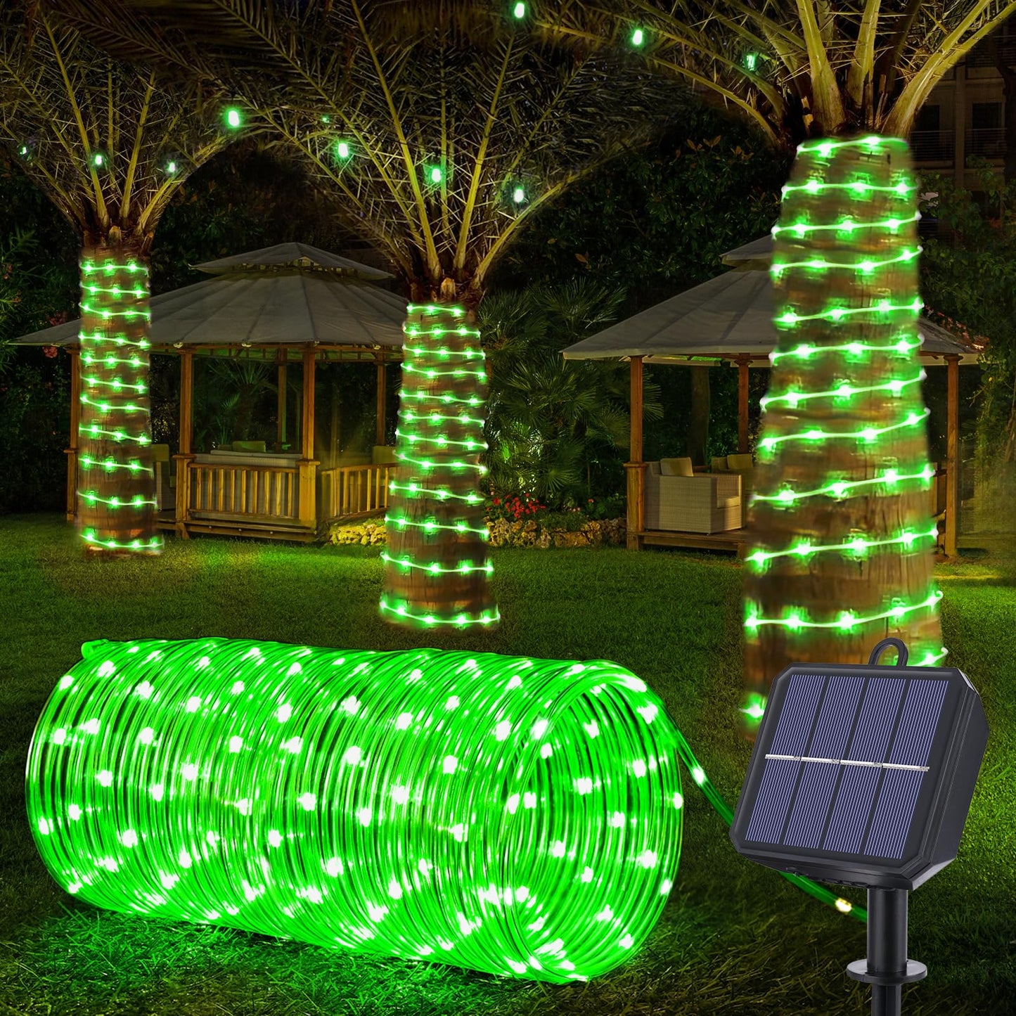 Jnaurb Solar Rope Lights, 66ft 200LED Waterproof Outdoor String Lights, Flexible Clear Tube, Green