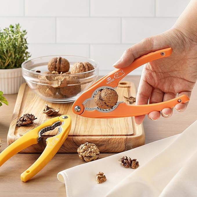 2PCS NutCracker, Kaloo Stainless Steel Nut Crackers for All Nuts, Nutcracker Tool for Walnet, Pencan, Chestnut, Crab, Lobster and More, Ergonomic Handle (Unique Pattern, Orange + Yellow)