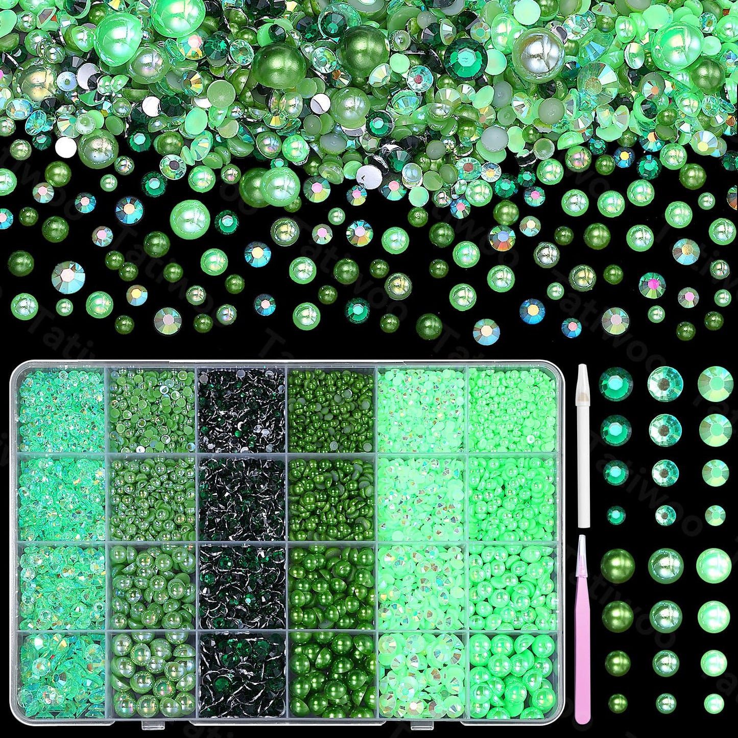 9000 Pcs Green Flatback Pearls and Rhinestones for Crafts, 3/4/5/6mm Jelly Resin Rhinestones, Mixed Size 3/4/6/8mm Half Pearl Be
