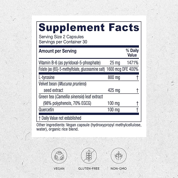 Vitanica Dopamine Assist, Dr Formulated Dopamine Supplement, L-Tyrosine, Mucuna Pruriens Neurotransmitter Mood Support, Vitamin B6, Folate, Green Tea Extract Quercetin Vegan, 60 Capsules