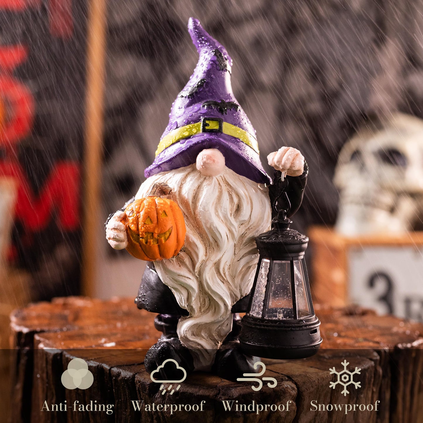 TeresaS Collections Halloween Decorations Garden Gnomes Statues With Solar Lights Cute Purple Bat Hat Resin Decor With Lantern For Home Table Outdoor Yard Pumpkin Jack-O-Lanterns Gifts For Party 8