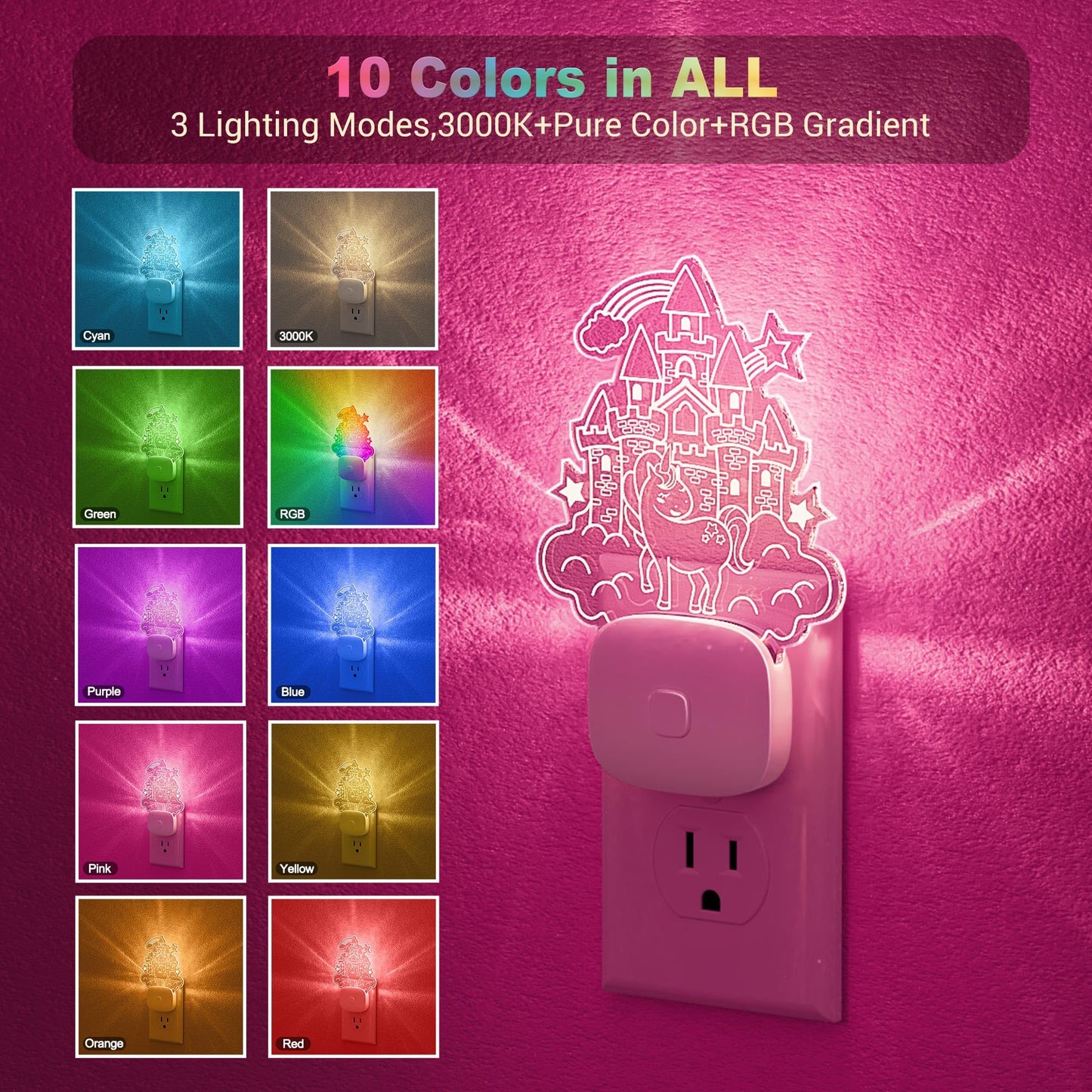 Jandcase Led Kids Night Light  Plug In Night Light  10 Color Changing Castle Night Light With Dusk To Dawn Sensor  Acrylic Rgb Nightlight For Kids Girls Bedroom  Gifts For Girls