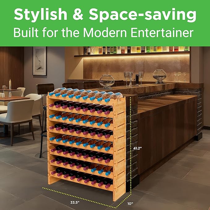 NutriChef 72 Bottle Wine Rack Stackable Bamboo Freestanding, 8-Tier Modular Shelf, Sturdy Wobble Free, Upgraded 2026 Design, Easy No-Tool Assembly for Kitchen, Cellar or Bar Storage 33.5" x 10" x 41"
