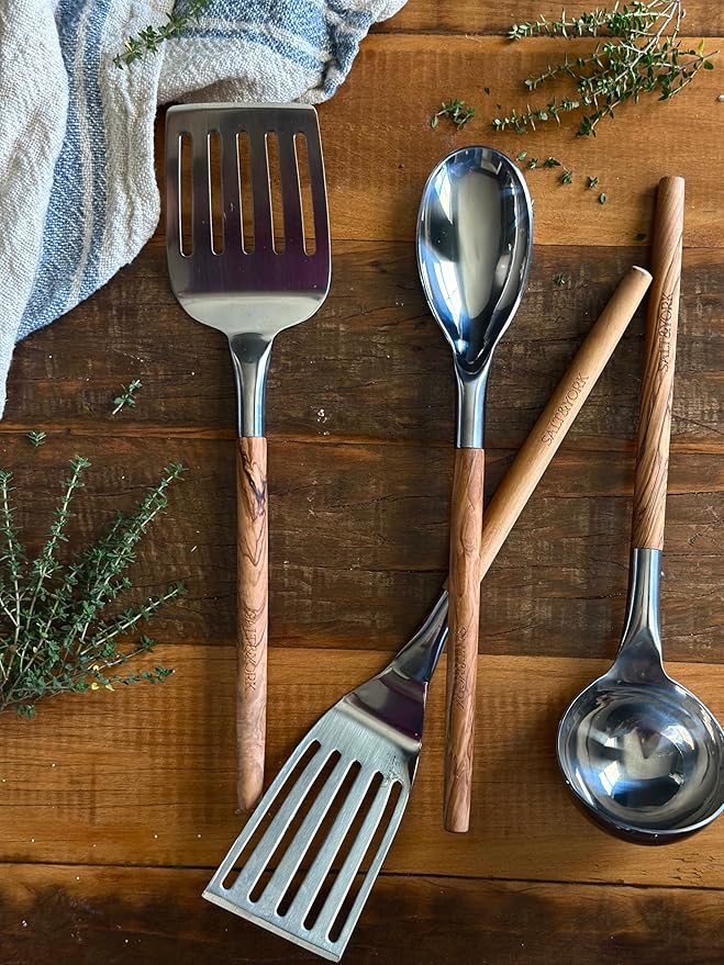 Premium Cooking Utensil Set – Salt & York 4-Piece Stainless Steel Non-toxic Kitchen Tools with Handcrafted Wooden Handles – Spatula, Ladle, Spoon – Gift for Home Cooks, Kitchen Gift