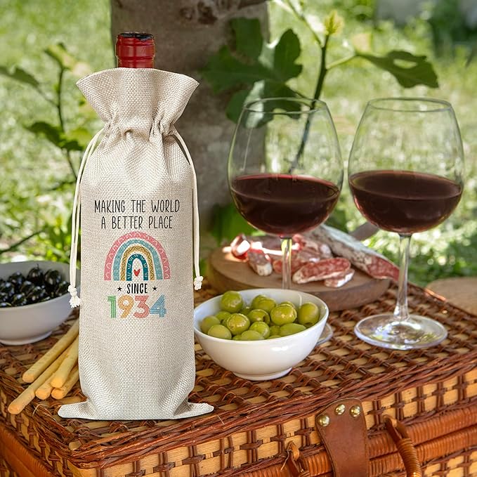 90th Birthday Gift For Women Men, Back In 1934 Birthday Wine Bag, Boho Rainbow Birthday Party Decoration Wine Bag Gifts, Happy 90th Birthday Decor For Mom Dad Grandma Grandpa, A08
