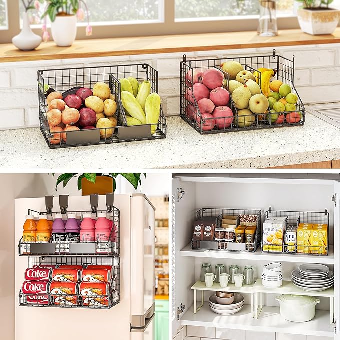 2-Tier Stackable Pantry Organizers and Storage, Can Organizer for Pantry and Soda Can Organizer, Metal Wire Rack with 4 Adjustable Dividers Holds 60+ Cans for Cabinet Countertop