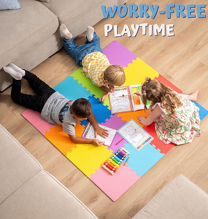 TOYVELT Foam Puzzle Floor Mat for Kids 12x12-16 Interlocking Play Mat Tiles with Colors, Shapes, Alphabet, ABC, Numbers - Educational Large Puzzle Foam Floor Tiles for Crawling