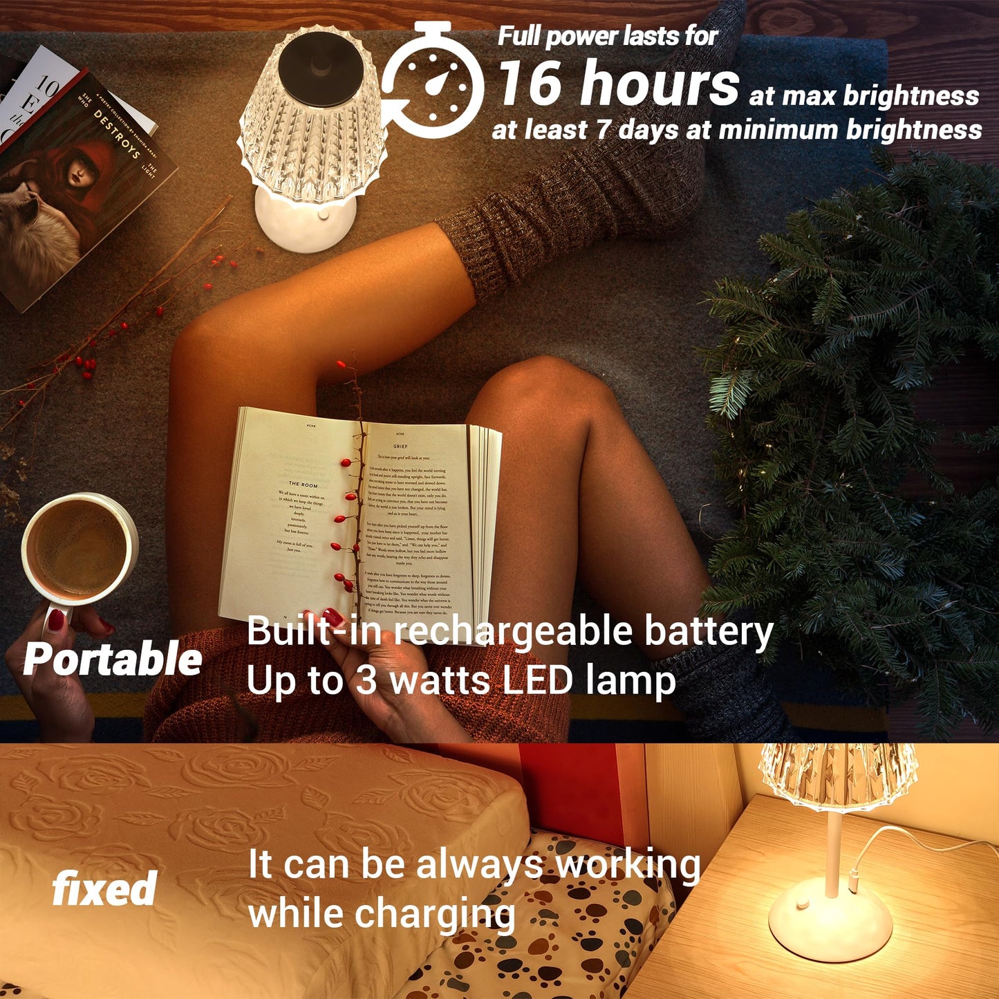 Amingulry Cordless Table Lamp, Rechargeable 4000mAh, 3 Color Modes, Stepless Dimmable, Metal, Small, White