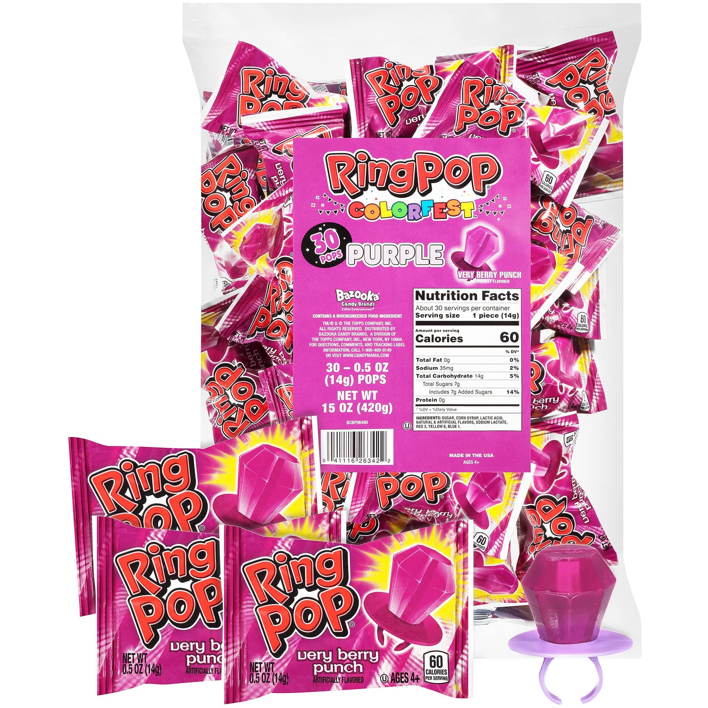 Ring Pop Colorfest Purple Very Berry Punch Bulk Halloween Candy - 30 Ct Individually Wrapped Lollipops - Fun Candy For Party Fav