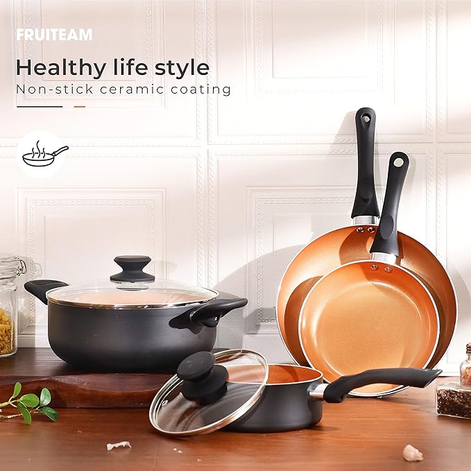 FRUITEAM 6pcs Cookware Set Ceramic Nonstick Soup Pot/Sauce Pan/Frying Pans Set, Copper Aluminum Pan with Lid, Induction Gas Compatible, Black