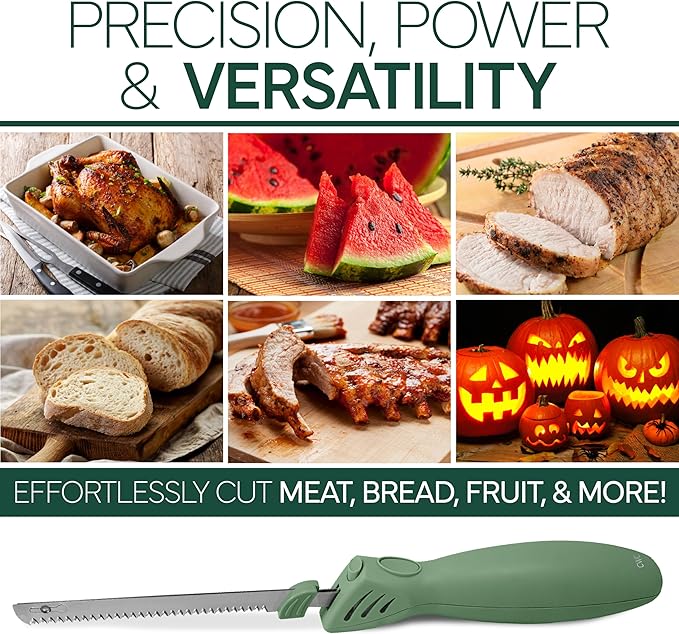 COOK WITH COLOR Electric Knife, 100W Power, Dual Stainless Steel Blades for Precise Cutting, Ergonomic Handle, Low Noise and Vibration, Ideal for Bread, Meat, and Vegetables, Green