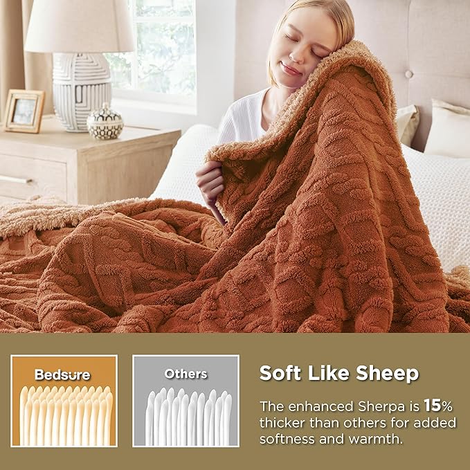 Bedsure Sherpa Fleece Throw Blanket for Couch - GentleSoft Fluffy & Cozy Cable Jacquard Tufted Throw for Women Gift, Thick and Warm Blankets for Winter, Orange, 50x60 Inches
