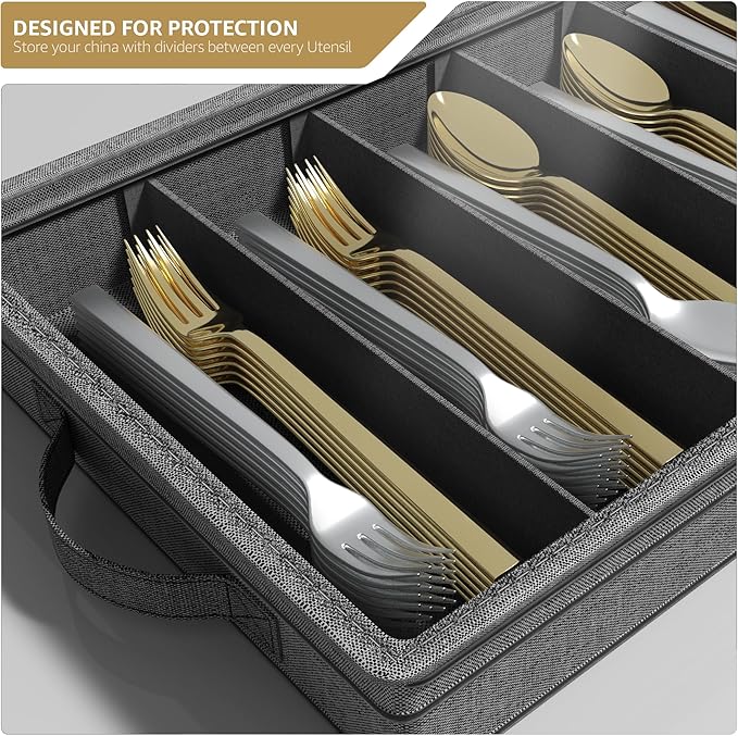 Sorbus Flatware & Utensil Storage - Gray Fabric Chest Box for Storage and Organizing Utensils, Silverware, Flatware, Cutlery - Silverware Organizer Container with Clear Lid & Adjustable Divider