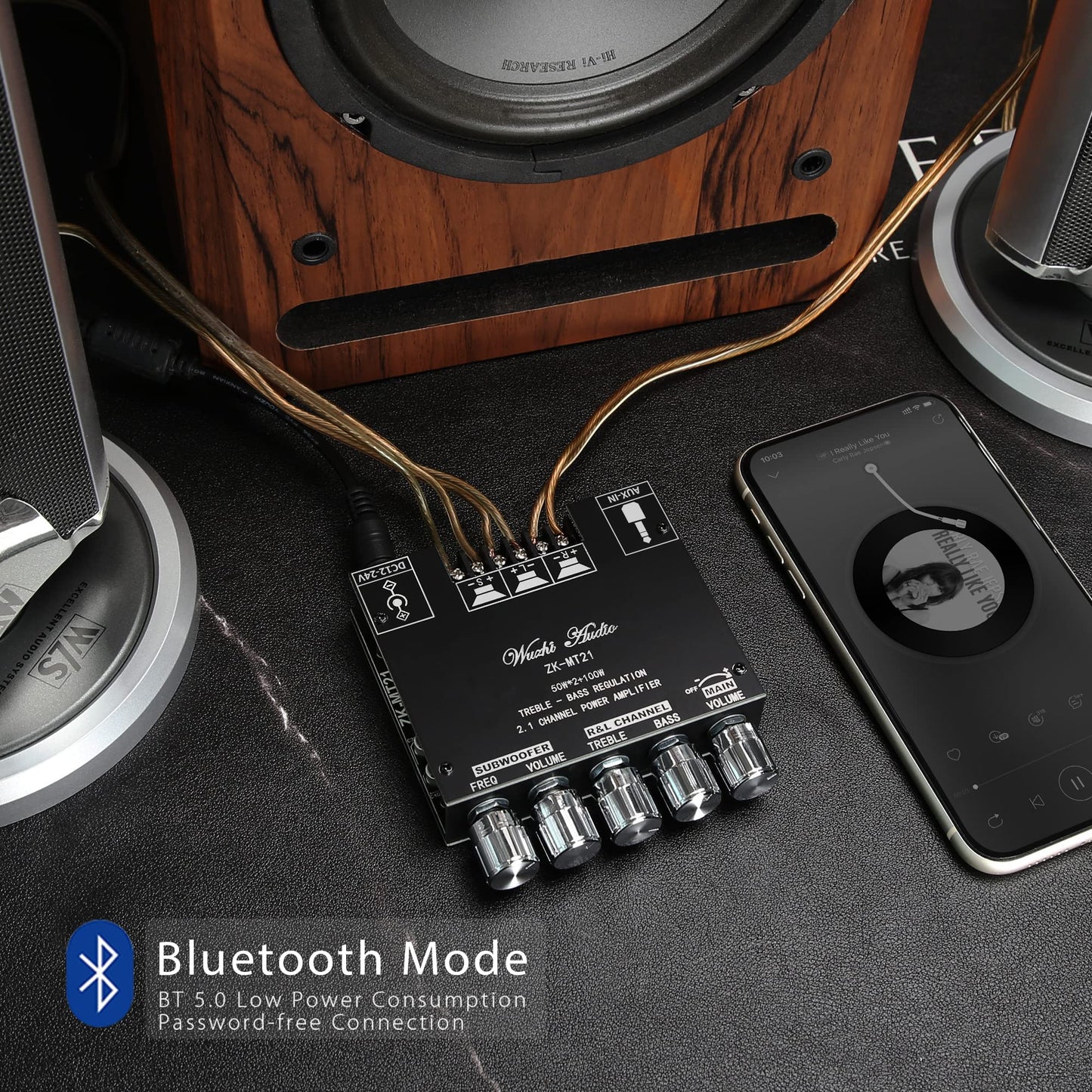 Bluetooth Power Amplifier Board With Subwoofer 2.1 Channel 50W  2+100W, 12V-24V Audio Power Amplifier Module With Treble And Bas