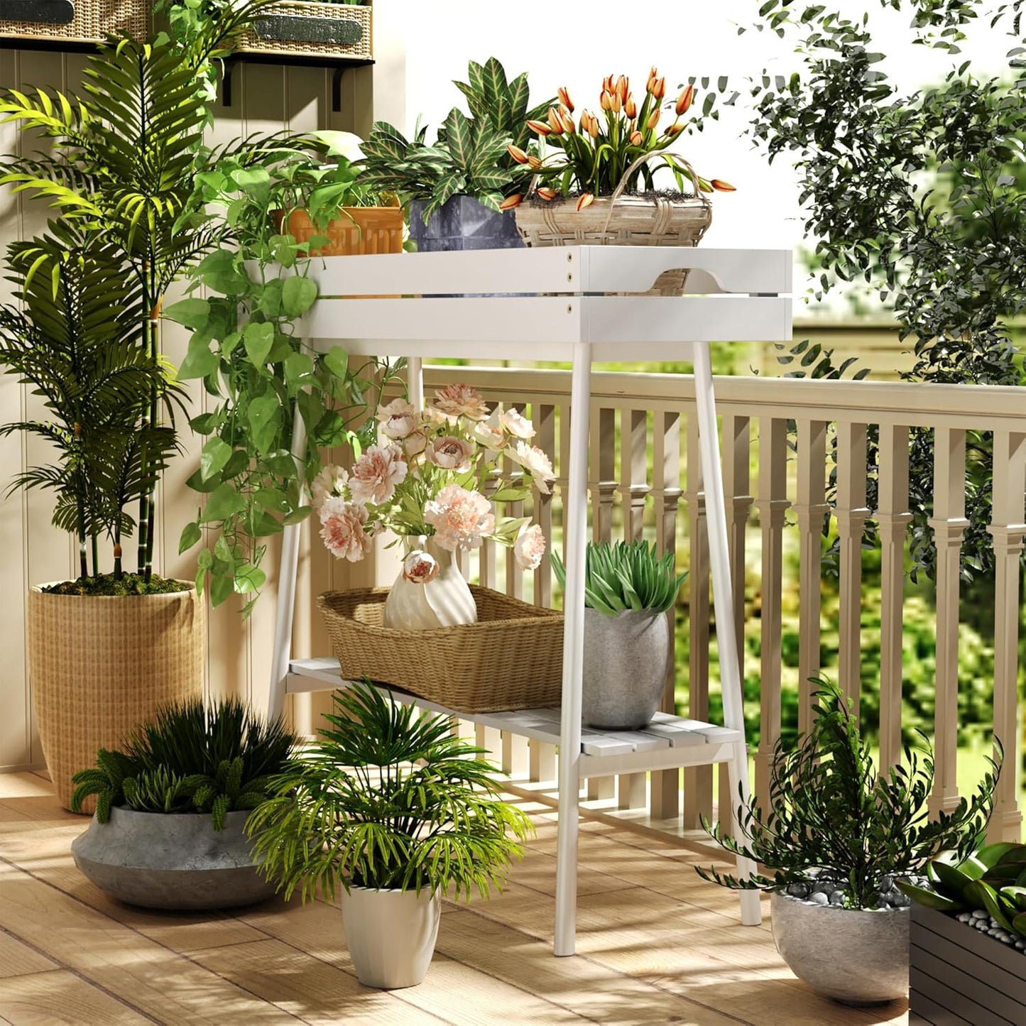 BAMBANG Bamboo Plant Stand Indoor, 2 Tier Small Plant Table, Tall Plant Stand for Indoor Plants, Window Sill Plant Shelf, Flower Pot Holder Plant Bench Plant Rack for Living Room Outdoor, White