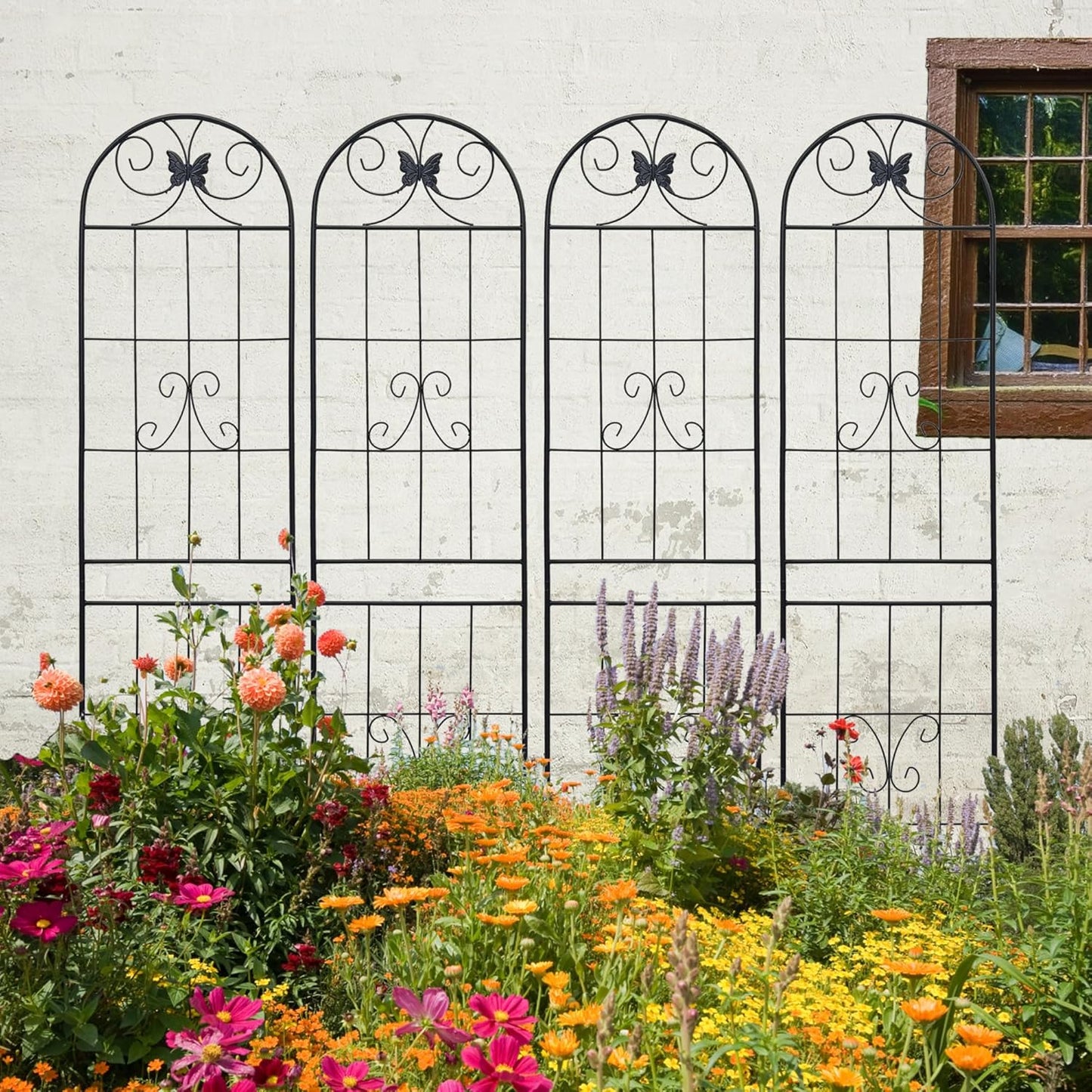 8 Pack Metal Garden Trellis for Climbing Plants, 86.7" Tall Rustproof Outdoor Trellis Panel with Line Butterfly Design, Decorative Black Iron Plant Support for Vine, Rose, Flower, Garden Wall