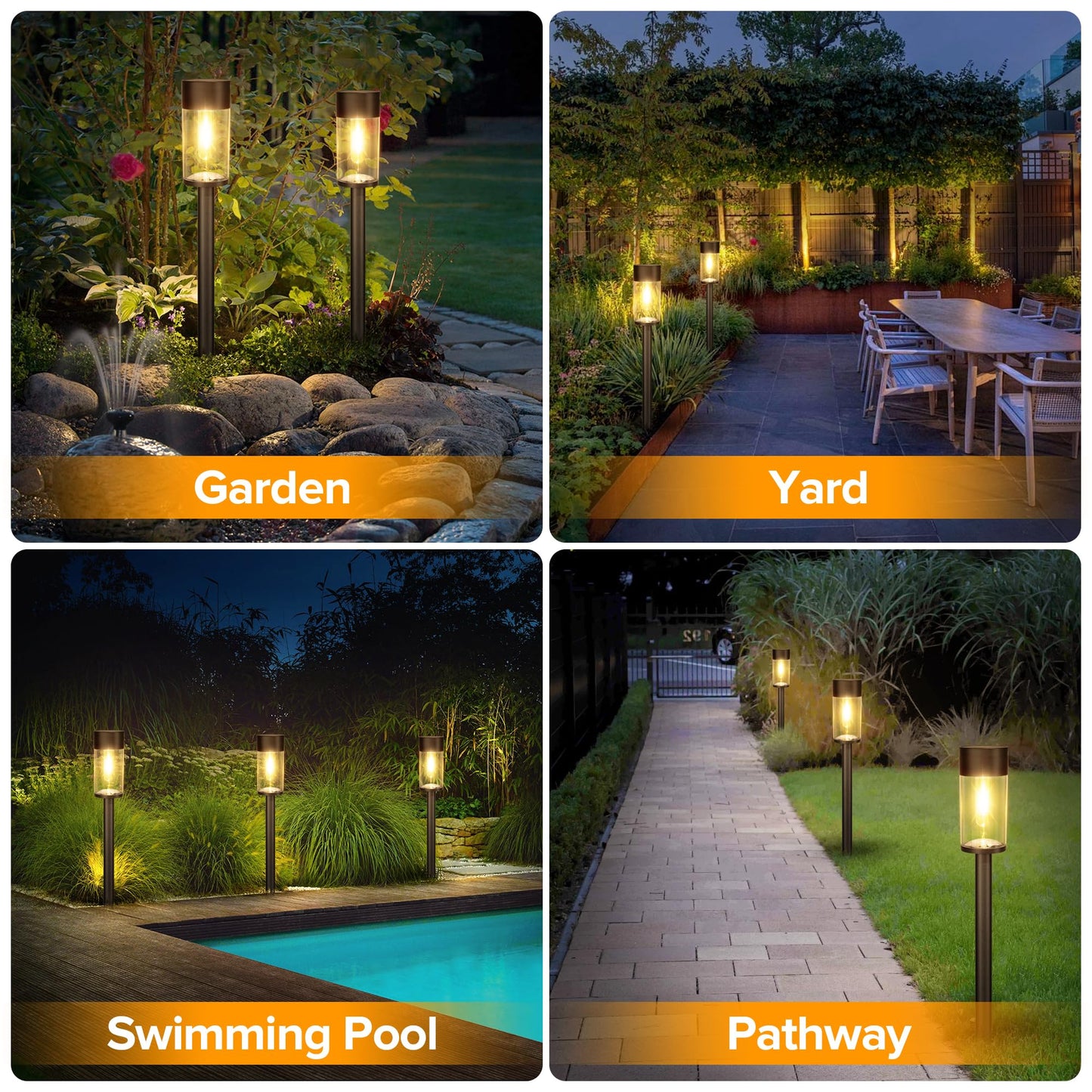 UME 8 Pack Solar Pathway Lights Outdoor, Bright Solar Garden Lights with Metal Design–IP65 Waterproof, Auto On/Off, 3000K LED Landscape Lighting for Yard, Lawn, Walkway, Driveway, Patio Decor