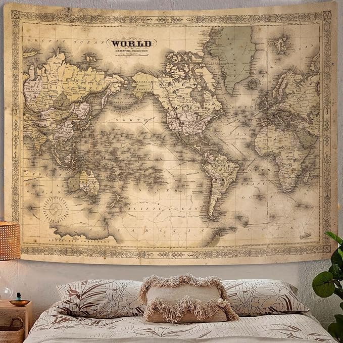 GOAOK Retro Old World Map - Vintage Asian & European Topography - Educational Tapestry for Classroom & Office - Brown Adventure Travel World Map - 60"X40"