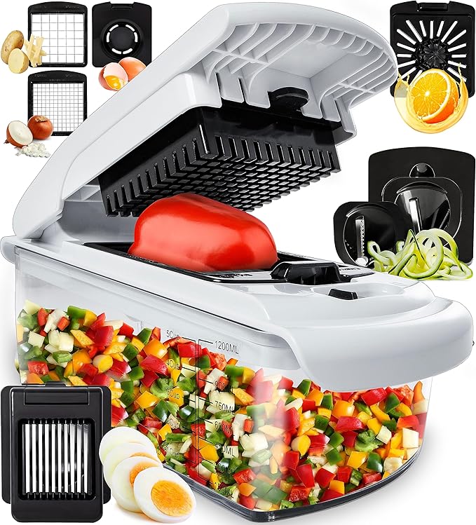 Fullstar Vegetable Chopper - Food Chopper - Onion Chopper - Vegetable Slicer & Spiralizer - Veggie Chopper with Container - Kitchen Gadgets - Home Essentials - Kitchen Accessories (8 in 1, White)