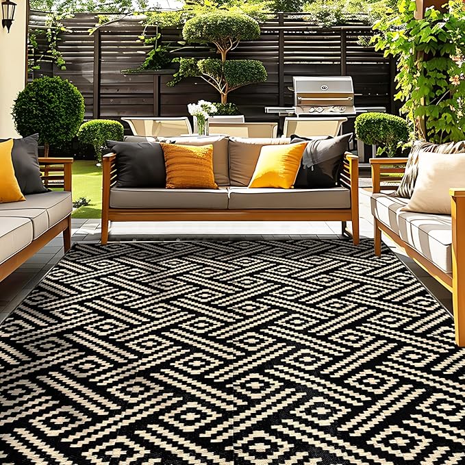 OPPODREAM Outdoor Rug 6x9 Ft, Waterproof Outdoor Plastic Straw Rug for Patio, Reversible Out Door Carpet for Camping, Deck, Rv, 6 x 9 Area Carpet for Balcony, Porch, Backyard, Black and Beige