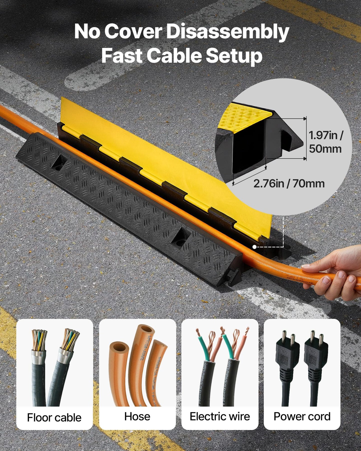 Vevor Cable Protector Ramp, 1 Channel Heavy Duty 39.37 Rubber Cord Hose Wire Cover, 2.76W X 1.97H Channel Size, Traffic Sp
