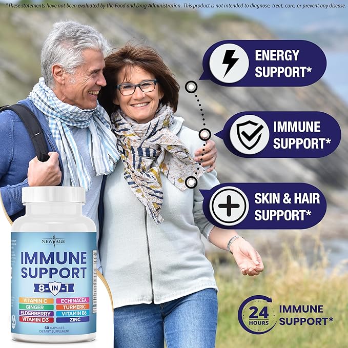 NEW AGE 8 in 1 Immune Support Booster Supplement with Echinacea, Vitamin C and Zinc 50mg, Vitamin D 5000 IU, Turmeric Curcumin & Ginger, B6, Elderberry (8 in 1 Capsules (Pack of 5))