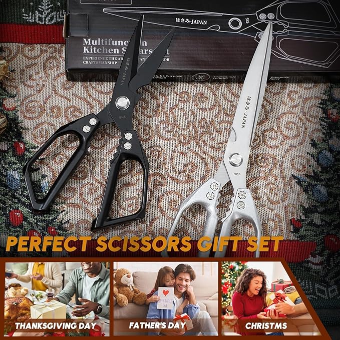 HUUSK Kitchen Scissors Set Upgraded - Stainless Steel Kitchen Shears, Sharp Meat Scissors, Heavy Duty Poultry Shear, Japanese Cooking Scissor Dishwasher for Food, Christmas Gifts for Men Women