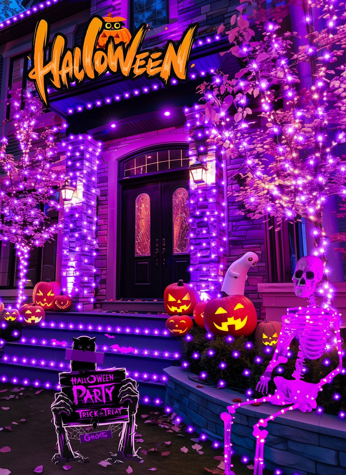 Brightown Halloween String Lights 200Led Solar String Lights Outdoor  Solar Powered Lights Ip65 Waterproof For Party Garden Yard Home Holiday Tree Decoration Lighting (Purple  100Led-2Pack)