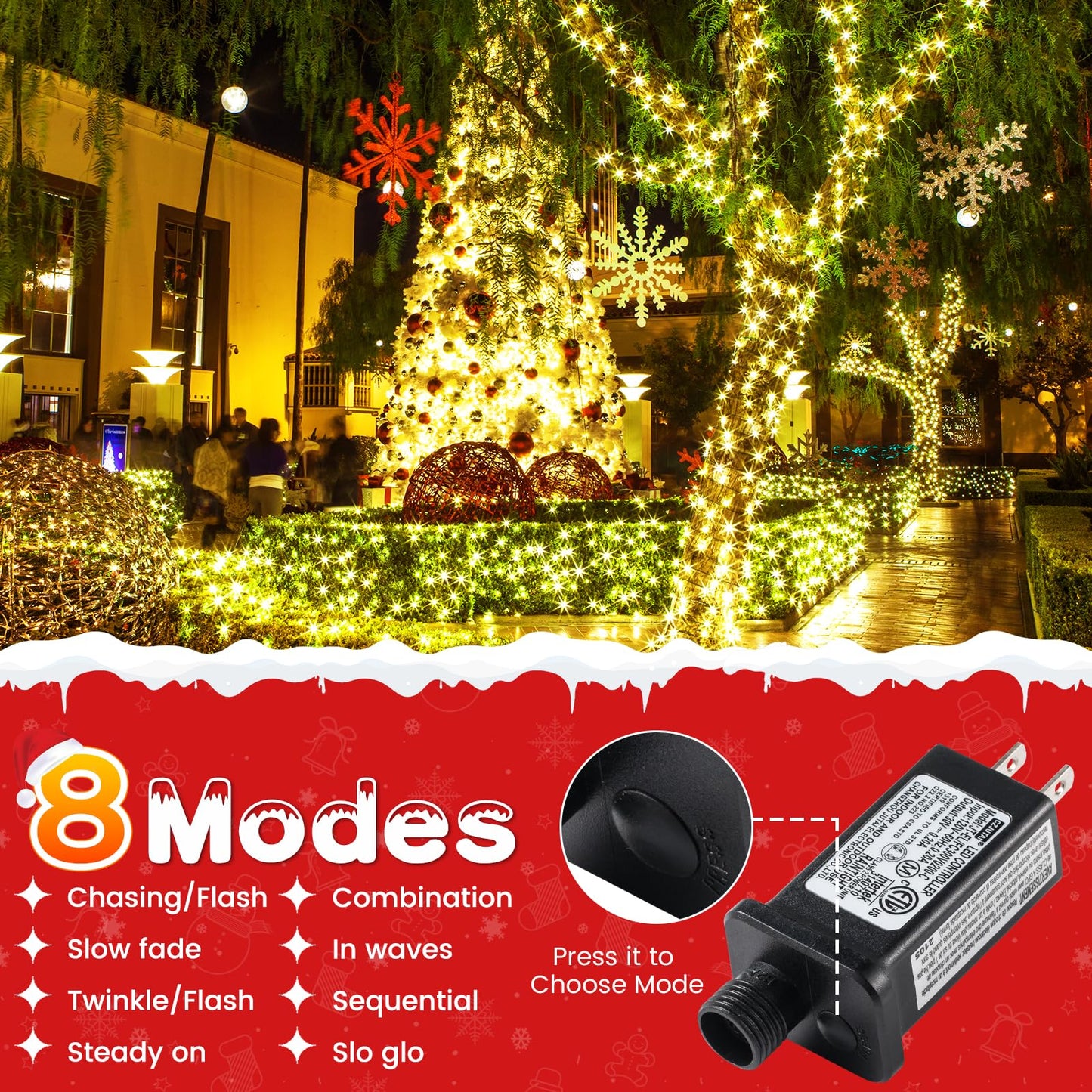 Areker Christmas Cluster Lights 760Led Warm White Christmas Tree Lights 25Ft 8 Modes&Memory Function With Dark Wire  Waterproof Christmas String Lights Outdoor Indoor Garden Wedding
