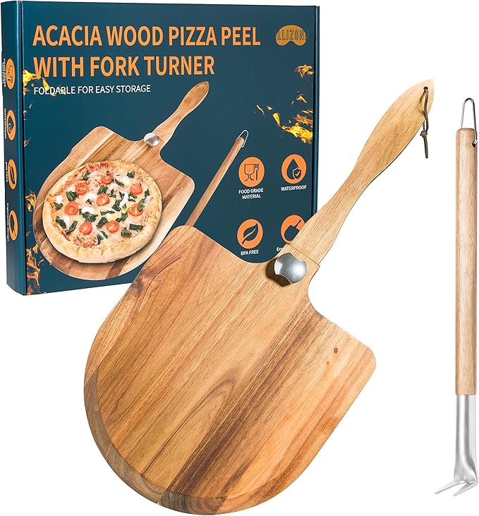 Acacia Wood Pizza Peel & Wooden Paddle Set – Folding Handle Pizza Board with 18″ Turning Fork, Pizza Oven Tools & Accessories for Homemade Pizza, Bread & Baking, Gifts for Pizza Lovers