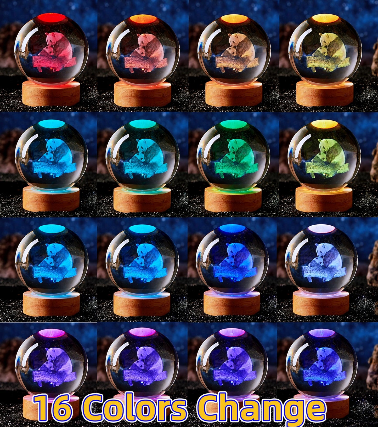 DIGFPWT Panda Night Light, 3D Crystal Ball with LED Base, 16 Colors, 3.15 Inch, Gift Box Packaging