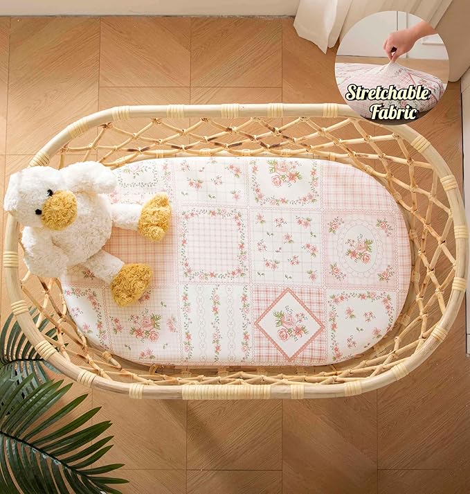 SDY Floral Baby Bassinet Sheets Set 2 Pack,Soft Bassinet Fitted Sheets for Boys Girls,Universal Fit for Bassinets Baby Cradle Moses Basket Oval Rectangle Mattress Set 32 * 16 * 4 inches (Pink Floral)