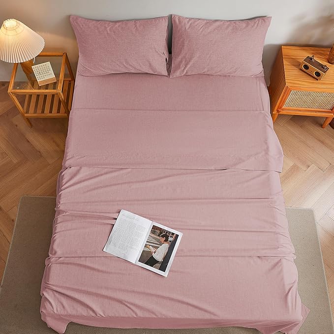 Queen Sheets Wine Red, Ultral Soft Cationic Linen Look Sheets, Luxury Cooling Cozy Bed Sheet Set with Non-Slip Fitted Sheet