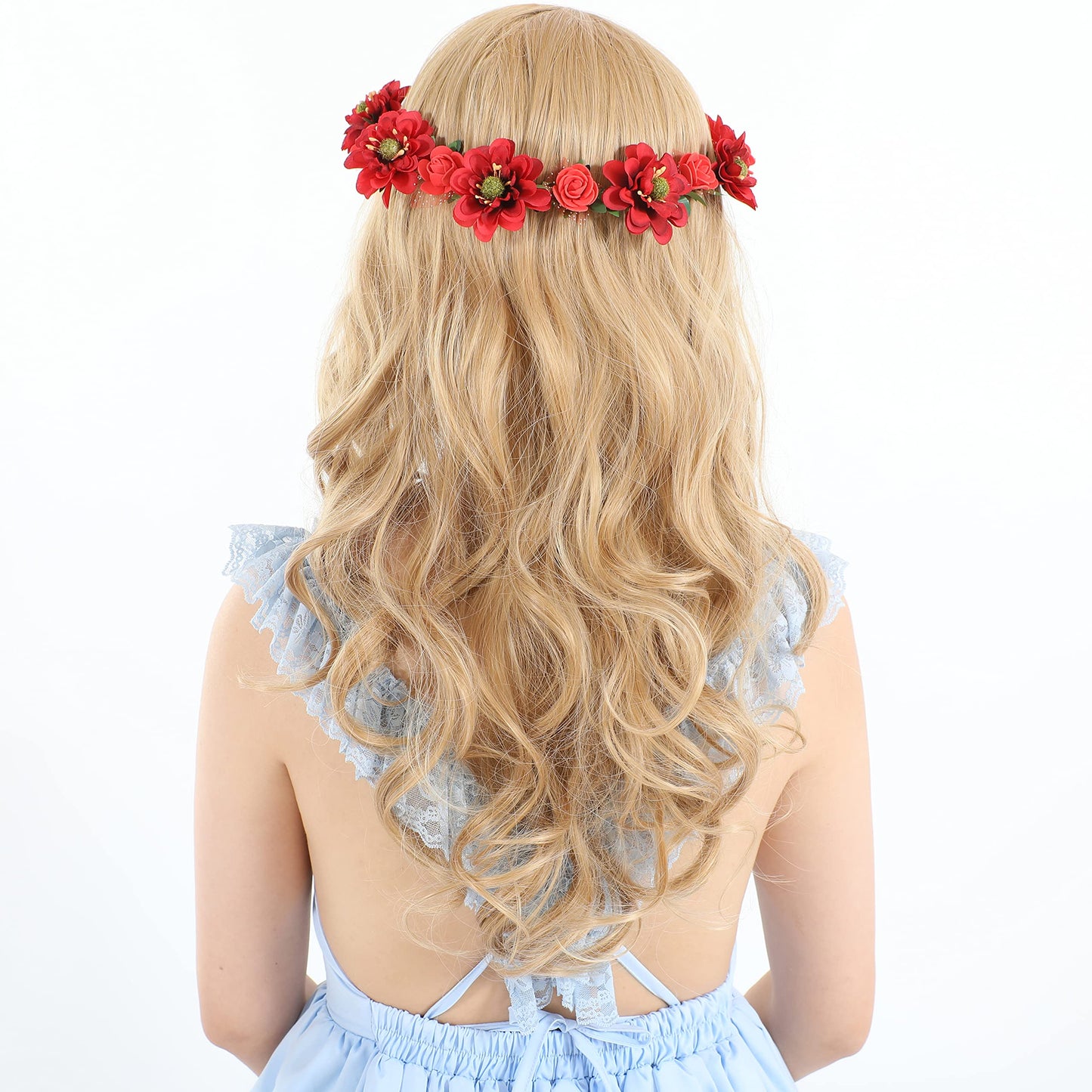 Gmmidea Women Girls Boho Flower Crown Adjustable Sunflower Floral Headband Wedding Bridal Headpiece Red
