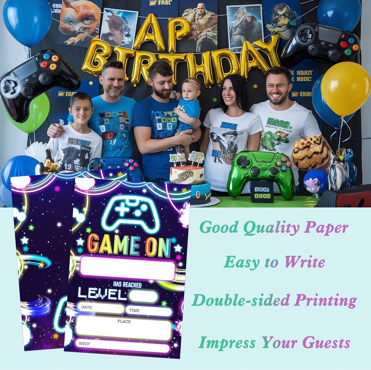 Video Game Birthday Invitations for Boys, 20 Invitation Cards with Envelopes, Neon Gaming Party Invites for Party Decorations Favor Supplies - A29