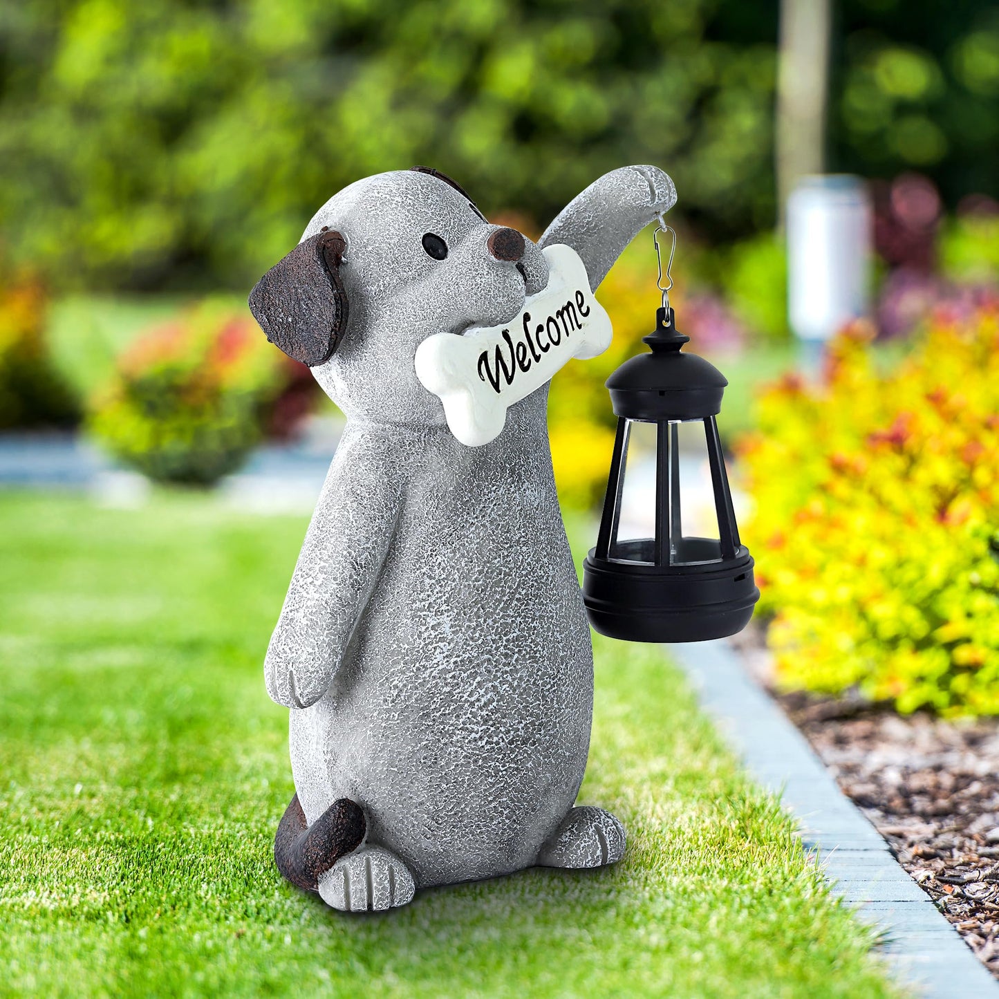 Olekki Solar Dog Garden Statue with Lantern Light ·9.2in Outdoor Decor for Yard and Patio