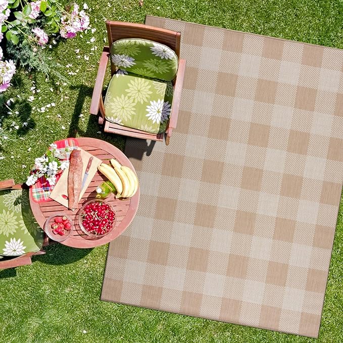 CAMILSON Outdoor Rug - Modern Area Rugs for Indoor and Outdoor Patios, Kitchen and Hallway mats - Easy Cleaning Non Shedding Washable Outside Carpet (8x10, Buffalo - Beige/White)