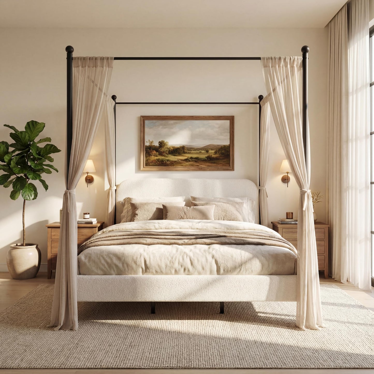 Merax King Size Canopy Bed with Upholstered Headboard, Modern Platform Bed Frame with Iron Legs, No Box Spring Needed