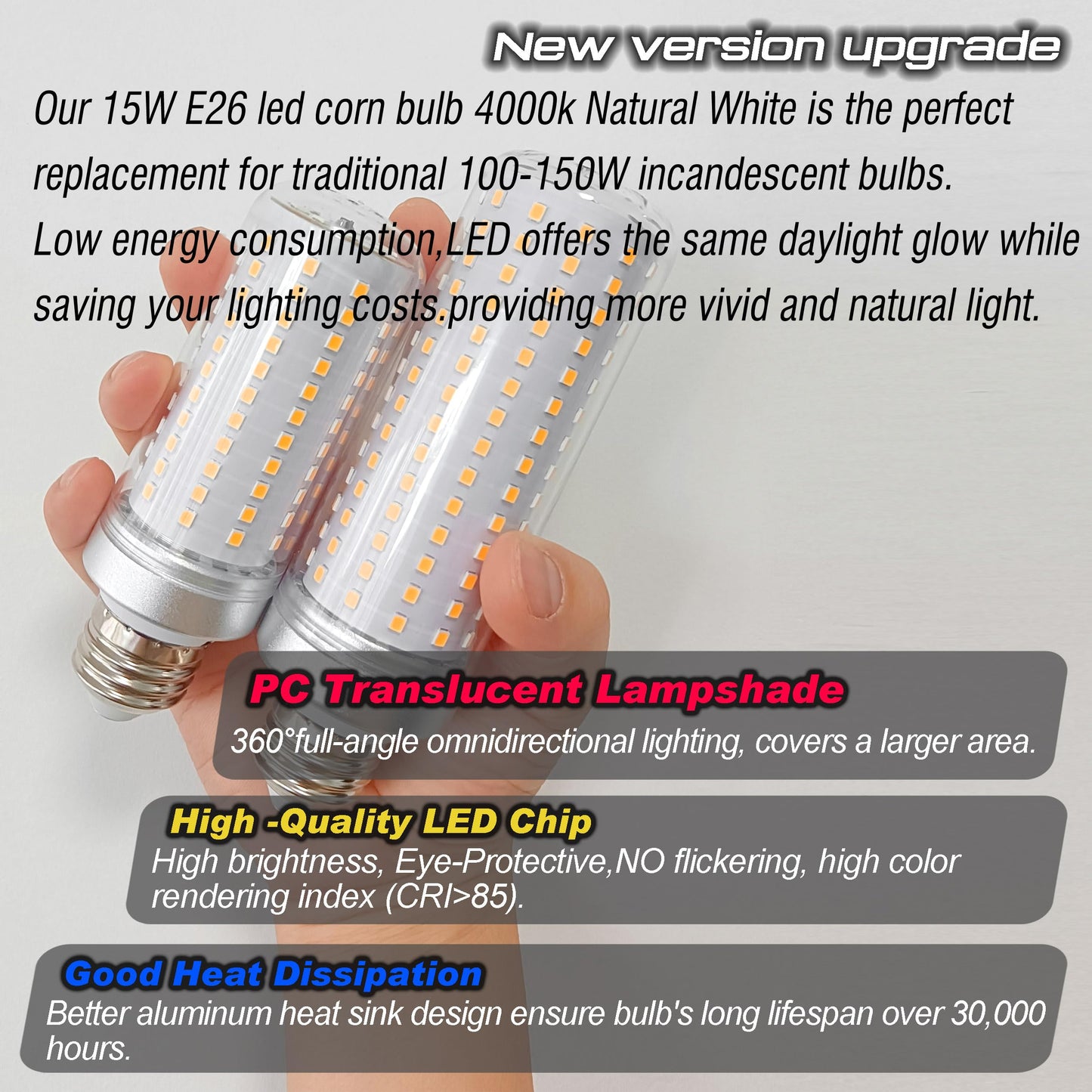 Big 1.57X 4.92 Inch  E26 E27 Led Corn Light Bulb 150W Equivalent 2000 Lm 4000K Natural White 15W E26 Medium Base Non-Dimmable Candelabra Ceiling Fan Corn Lighting For Home Garage Warehouse 5Pack