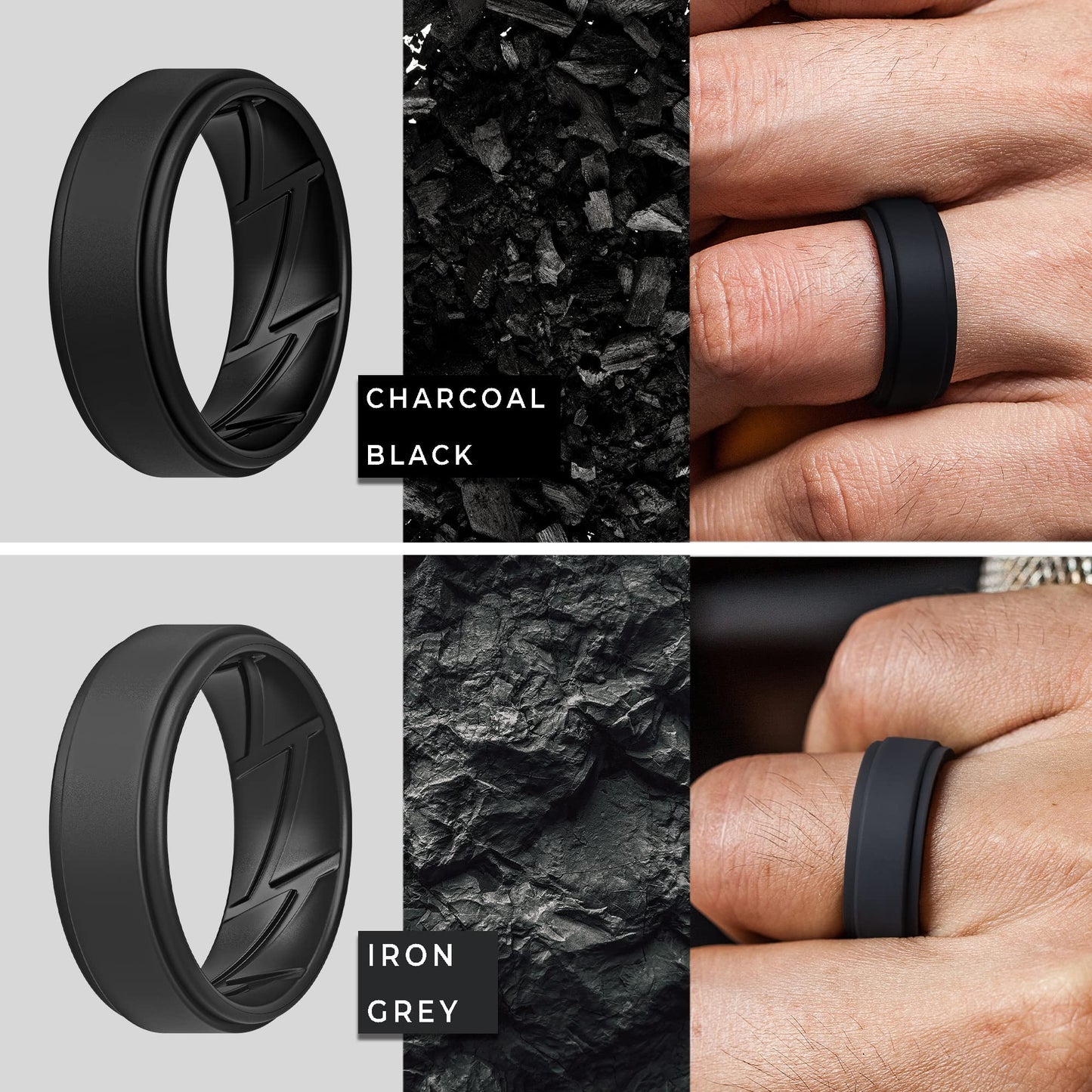 ThunderFit Silicone Wedding Rings for Men Breathable Airflow Inner Grooves, Step Edge Sleek Design Rubber Engagement Bands 8mm W