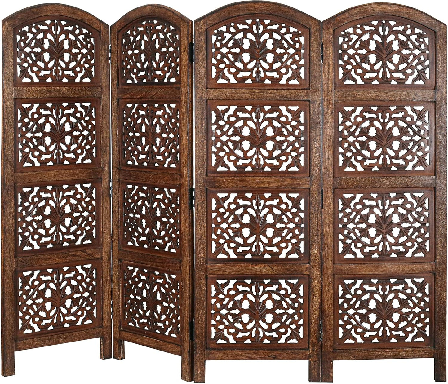 Room Divider Wood Screen Panel – Burnt Brown, 4-Panel Folding 64"x48", Hand-Carved, Reversible Privacy Partition, Decorative & Functional Portable Room Divider for Home or Office